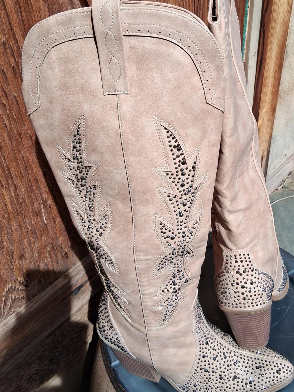 Sugar Beige Studded Knee-High Western Boots